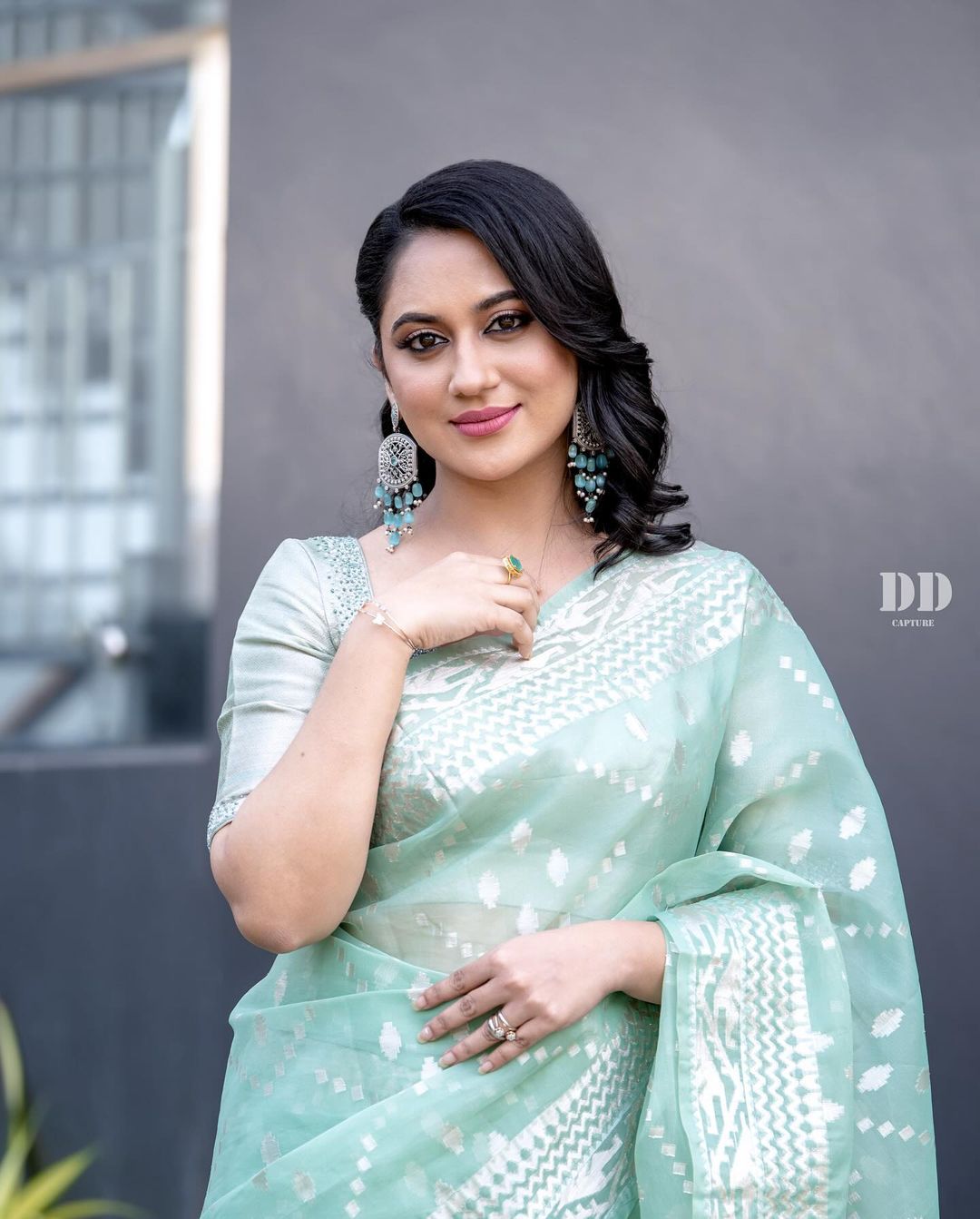 Malayalam Actress Miya George Images in Light Green Saree